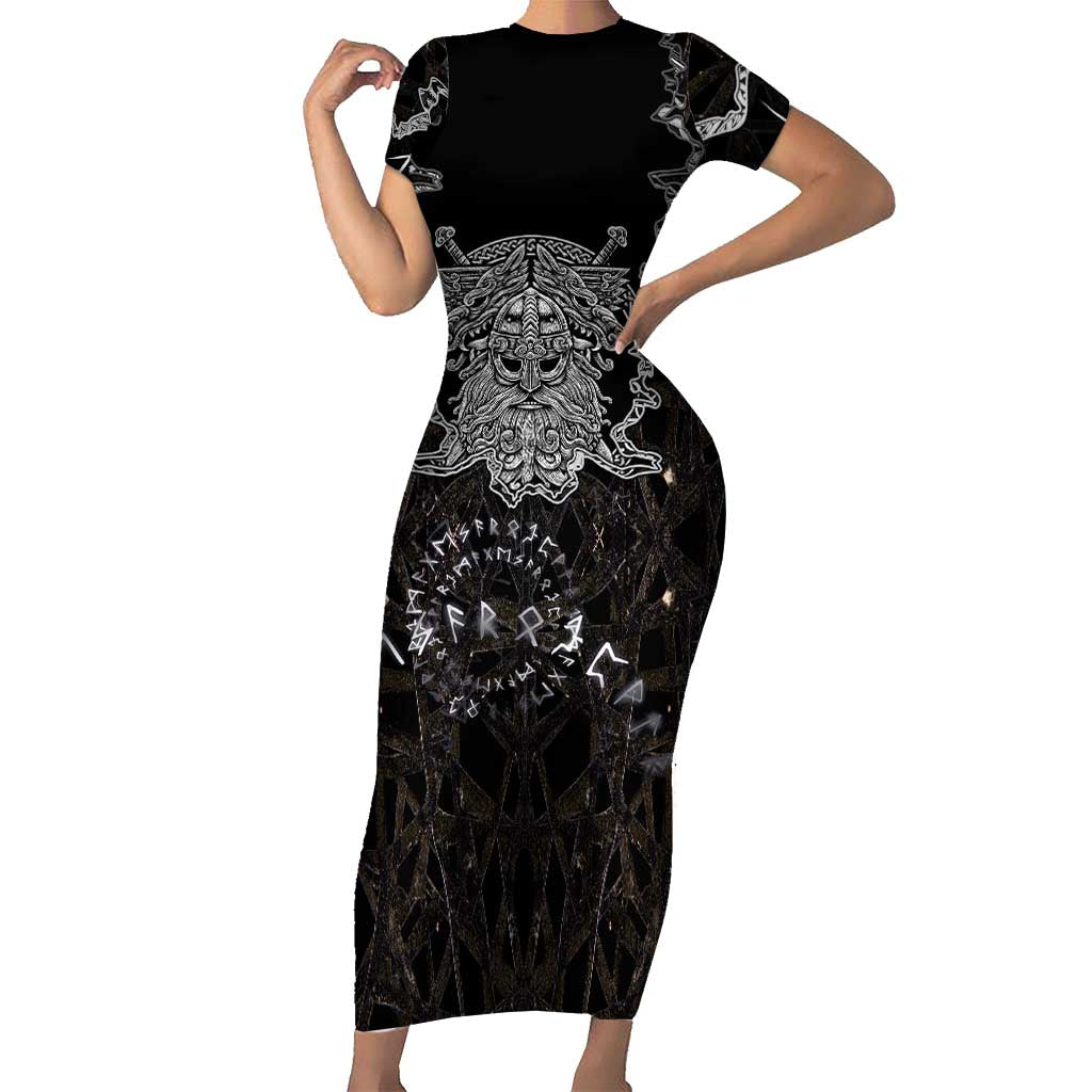 Viking Elder and Helm of Awe Norse Mythology Short Sleeve Bodycon Dress Monochrome Rune Engraving Style