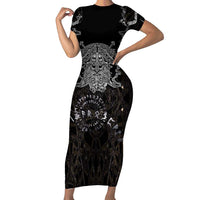 Viking Elder and Helm of Awe Norse Mythology Short Sleeve Bodycon Dress Monochrome Rune Engraving Style