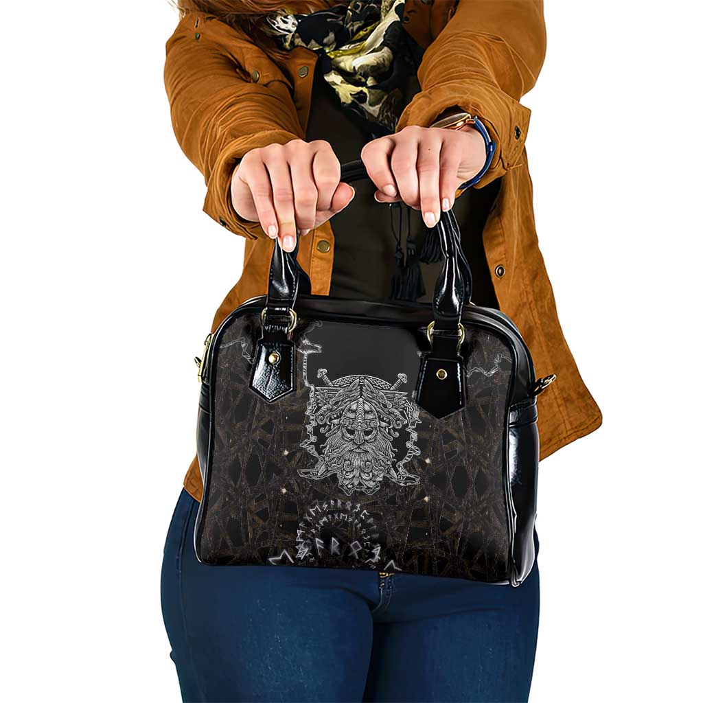 Viking Elder and Helm of Awe Norse Mythology Shoulder Handbag Monochrome Rune Engraving Style