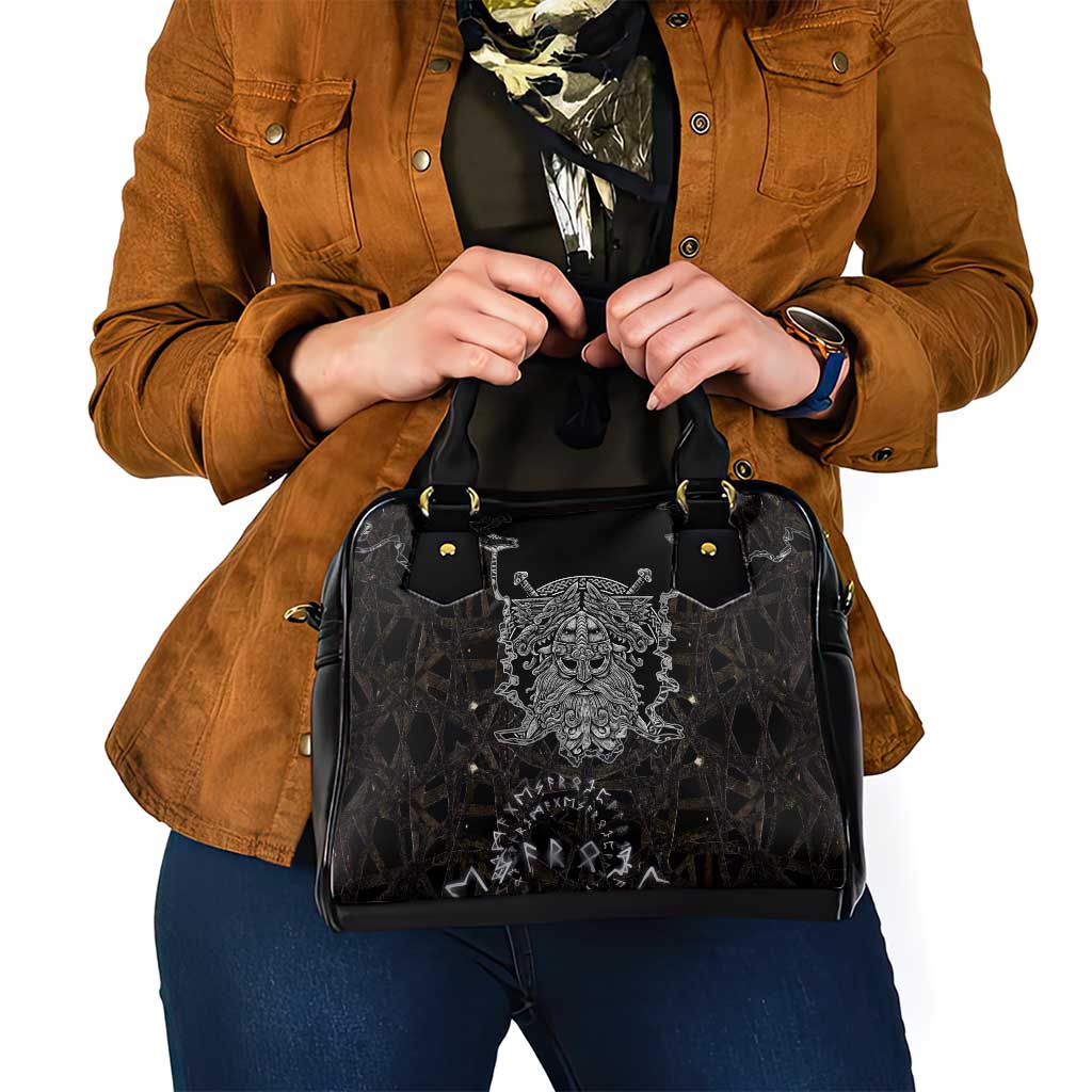 Viking Elder and Helm of Awe Norse Mythology Shoulder Handbag Monochrome Rune Engraving Style