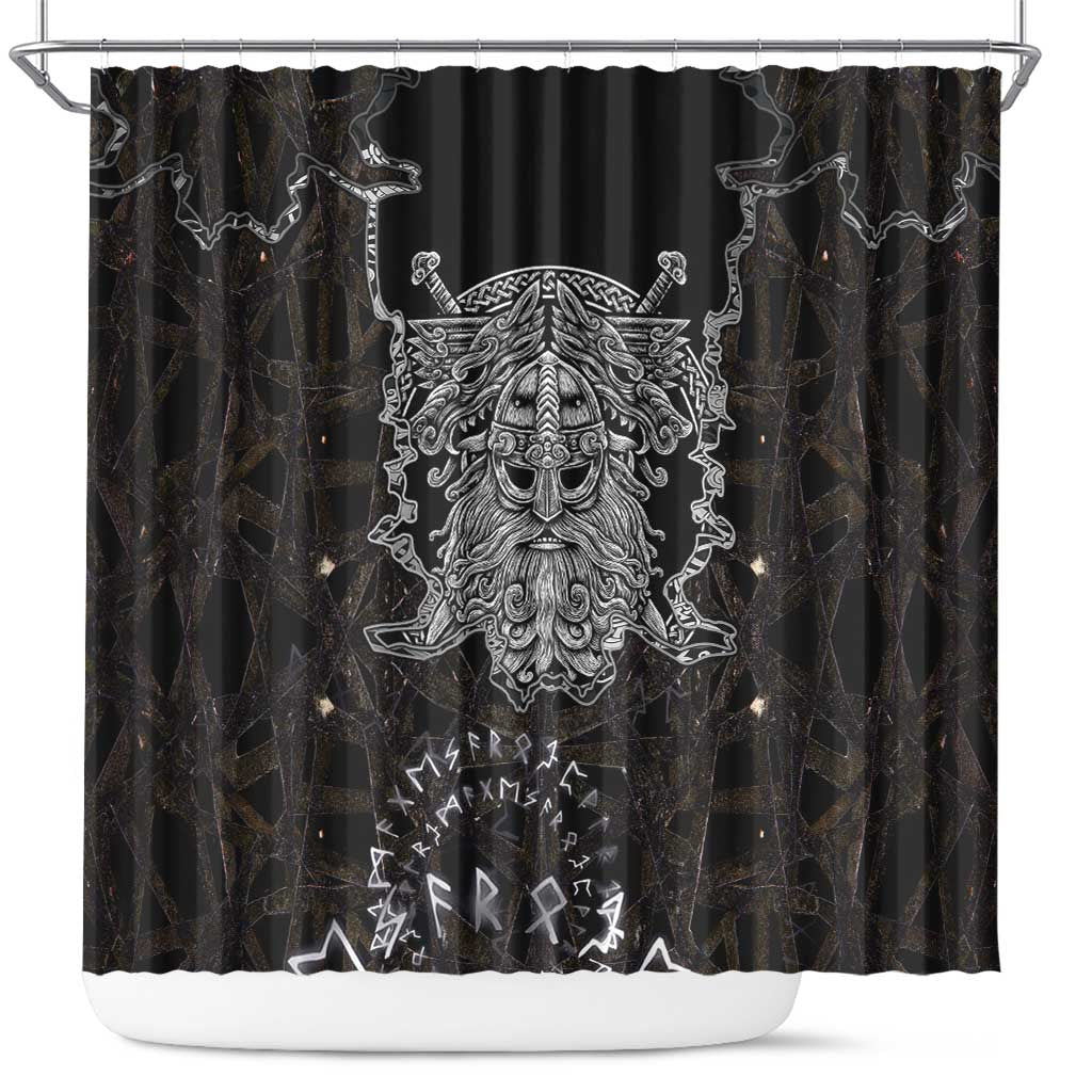 Viking Elder and Helm of Awe Norse Mythology Shower Curtain Monochrome Rune Engraving Style
