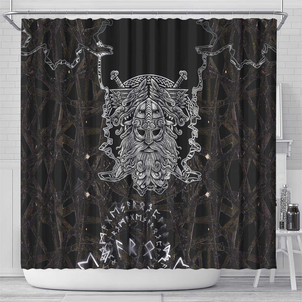 Viking Elder and Helm of Awe Norse Mythology Shower Curtain Monochrome Rune Engraving Style
