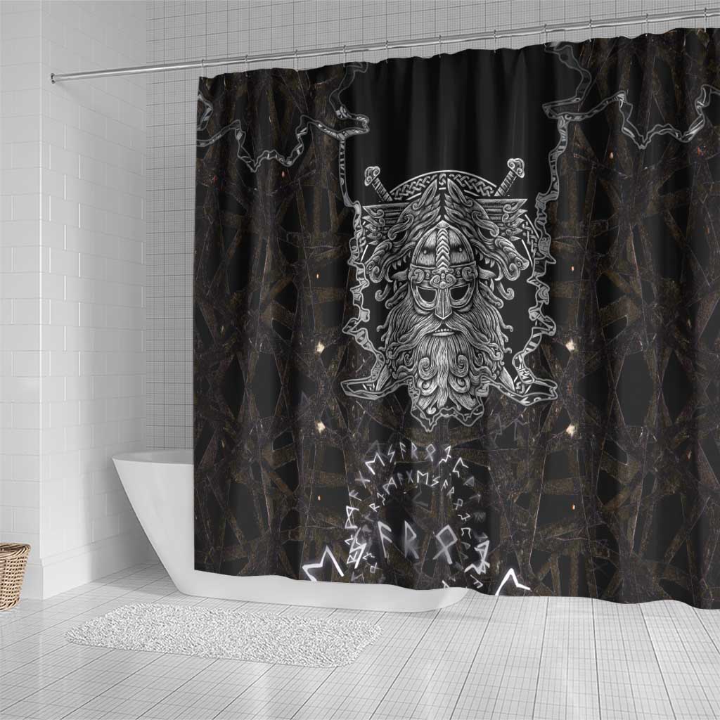 Viking Elder and Helm of Awe Norse Mythology Shower Curtain Monochrome Rune Engraving Style