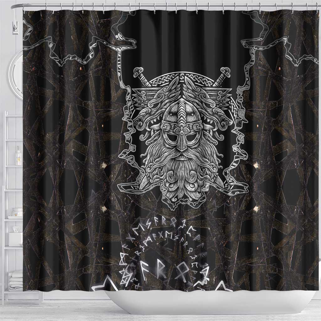 Viking Elder and Helm of Awe Norse Mythology Shower Curtain Monochrome Rune Engraving Style