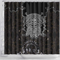 Viking Elder and Helm of Awe Norse Mythology Shower Curtain Monochrome Rune Engraving Style