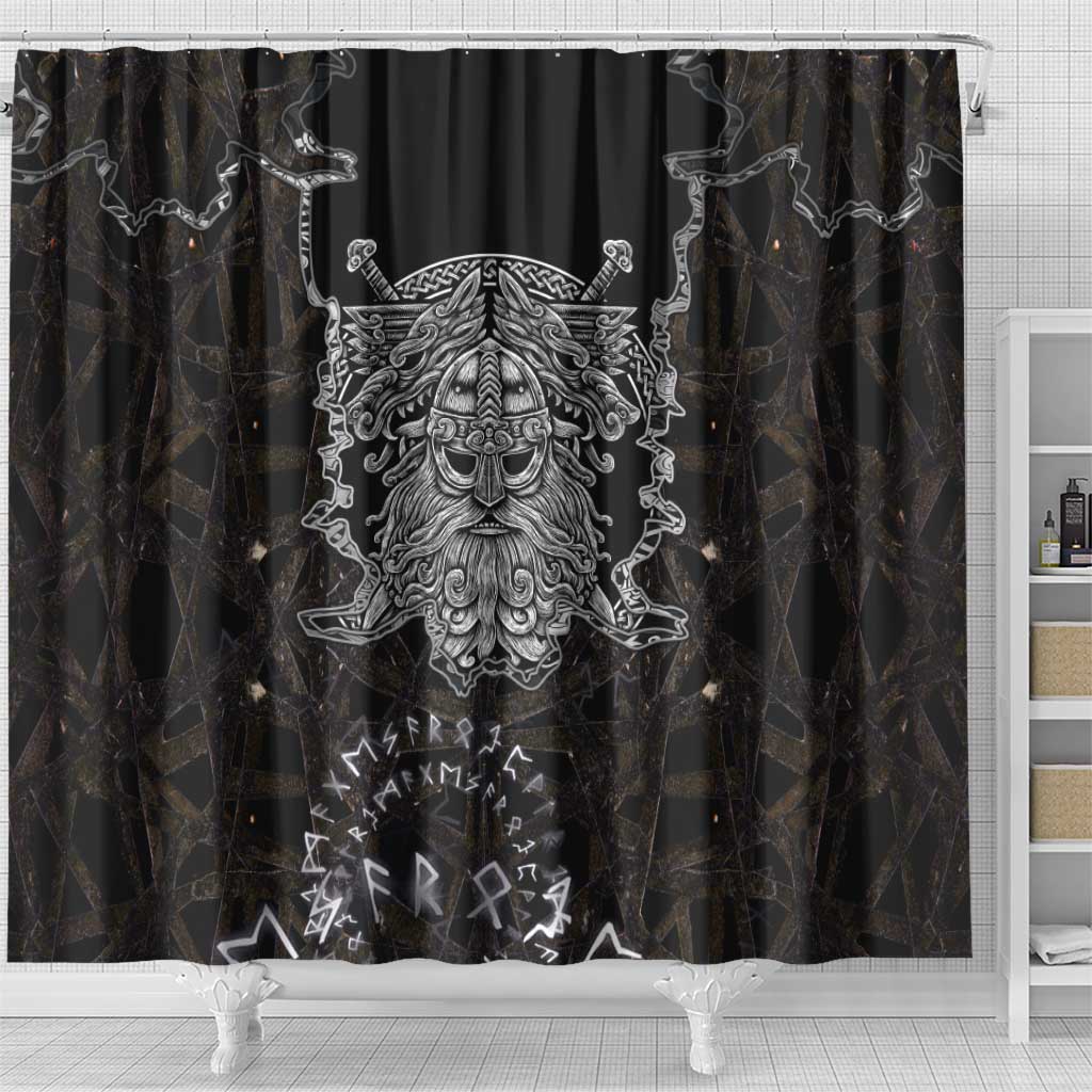 Viking Elder and Helm of Awe Norse Mythology Shower Curtain Monochrome Rune Engraving Style