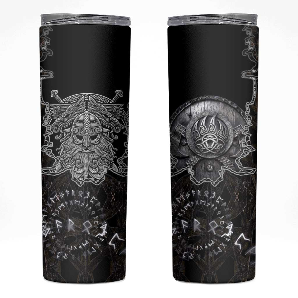 Viking Elder and Helm of Awe Norse Mythology Skinny Tumbler Monochrome Rune Engraving Style