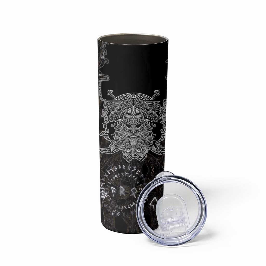 Viking Elder and Helm of Awe Norse Mythology Skinny Tumbler Monochrome Rune Engraving Style