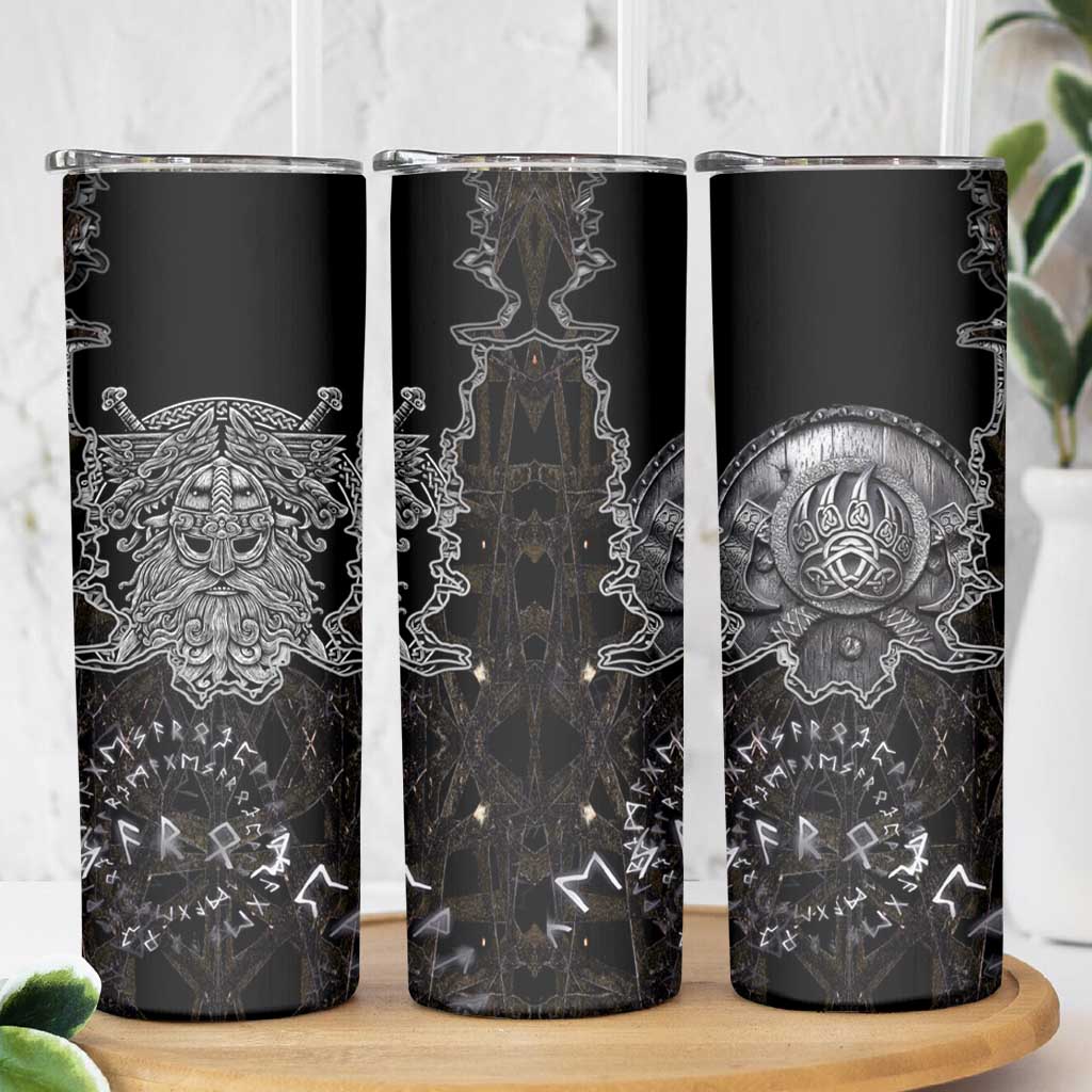 Viking Elder and Helm of Awe Norse Mythology Skinny Tumbler Monochrome Rune Engraving Style