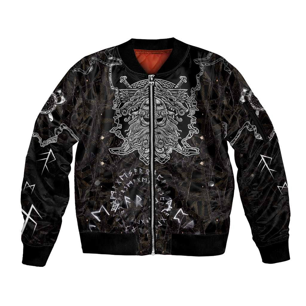 Viking Elder and Helm of Awe Norse Mythology Sleeve Zip Bomber Jacket Monochrome Rune Engraving Style