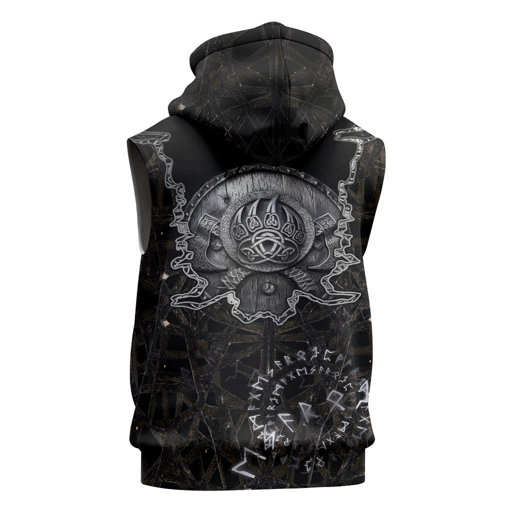 Viking Elder and Helm of Awe Norse Mythology Sleeveless Hoodie Monochrome Rune Engraving Style