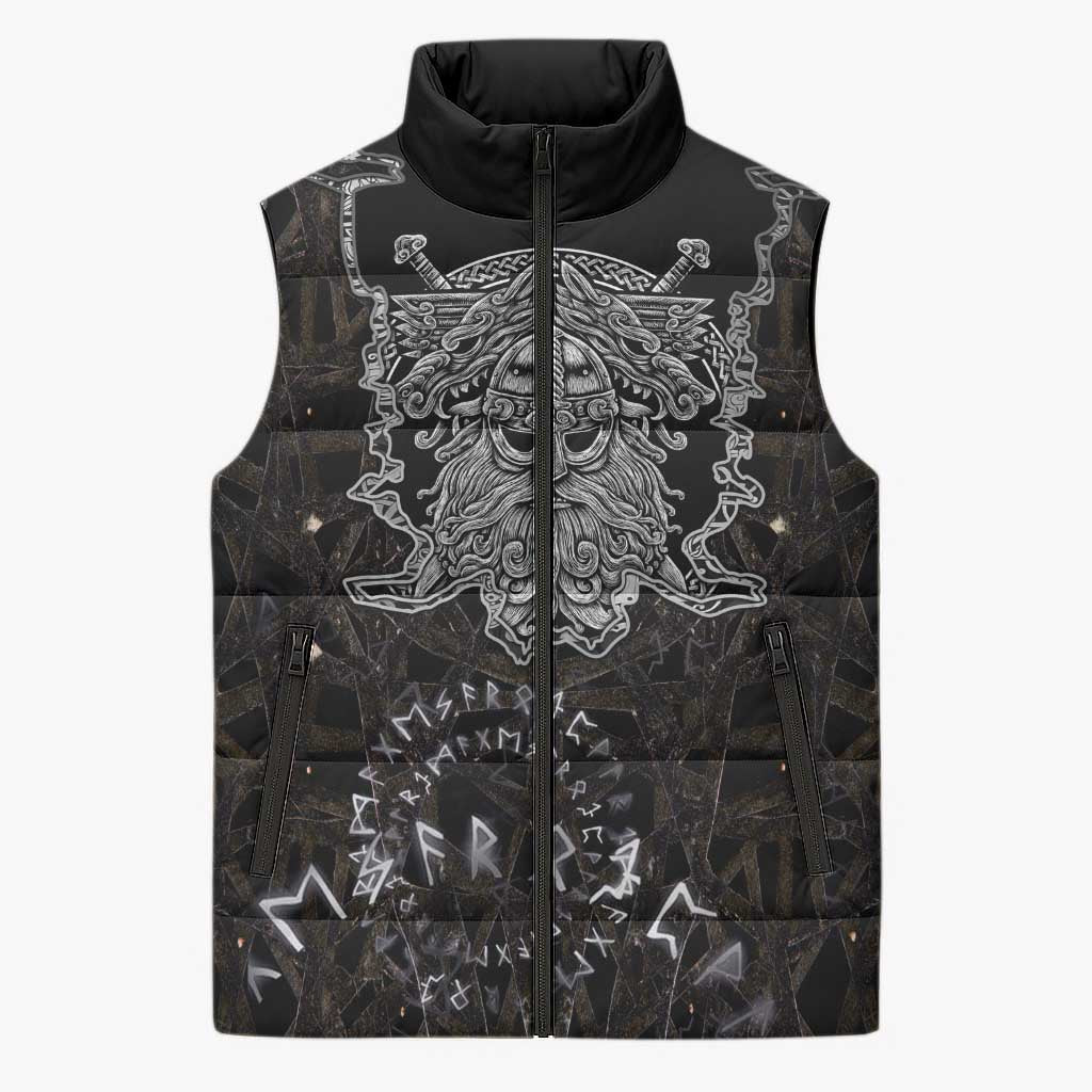 Viking Elder and Helm of Awe Norse Mythology Sleeveless Puffer Jacket Monochrome Rune Engraving Style