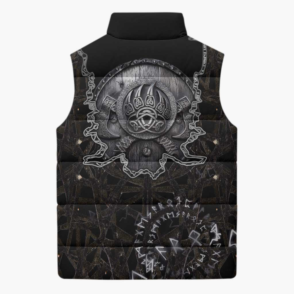 Viking Elder and Helm of Awe Norse Mythology Sleeveless Puffer Jacket Monochrome Rune Engraving Style