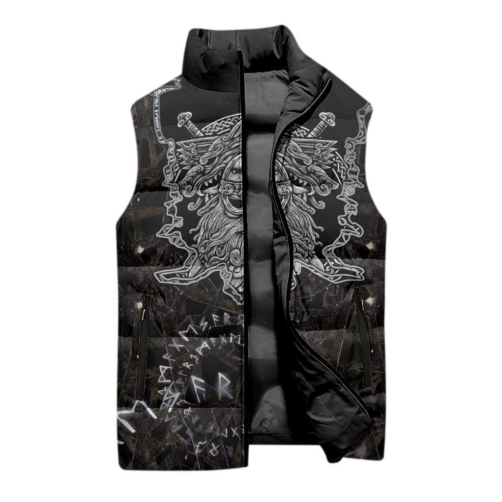 Viking Elder and Helm of Awe Norse Mythology Sleeveless Puffer Jacket Monochrome Rune Engraving Style