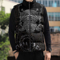 Viking Elder and Helm of Awe Norse Mythology Sleeveless Puffer Jacket Monochrome Rune Engraving Style