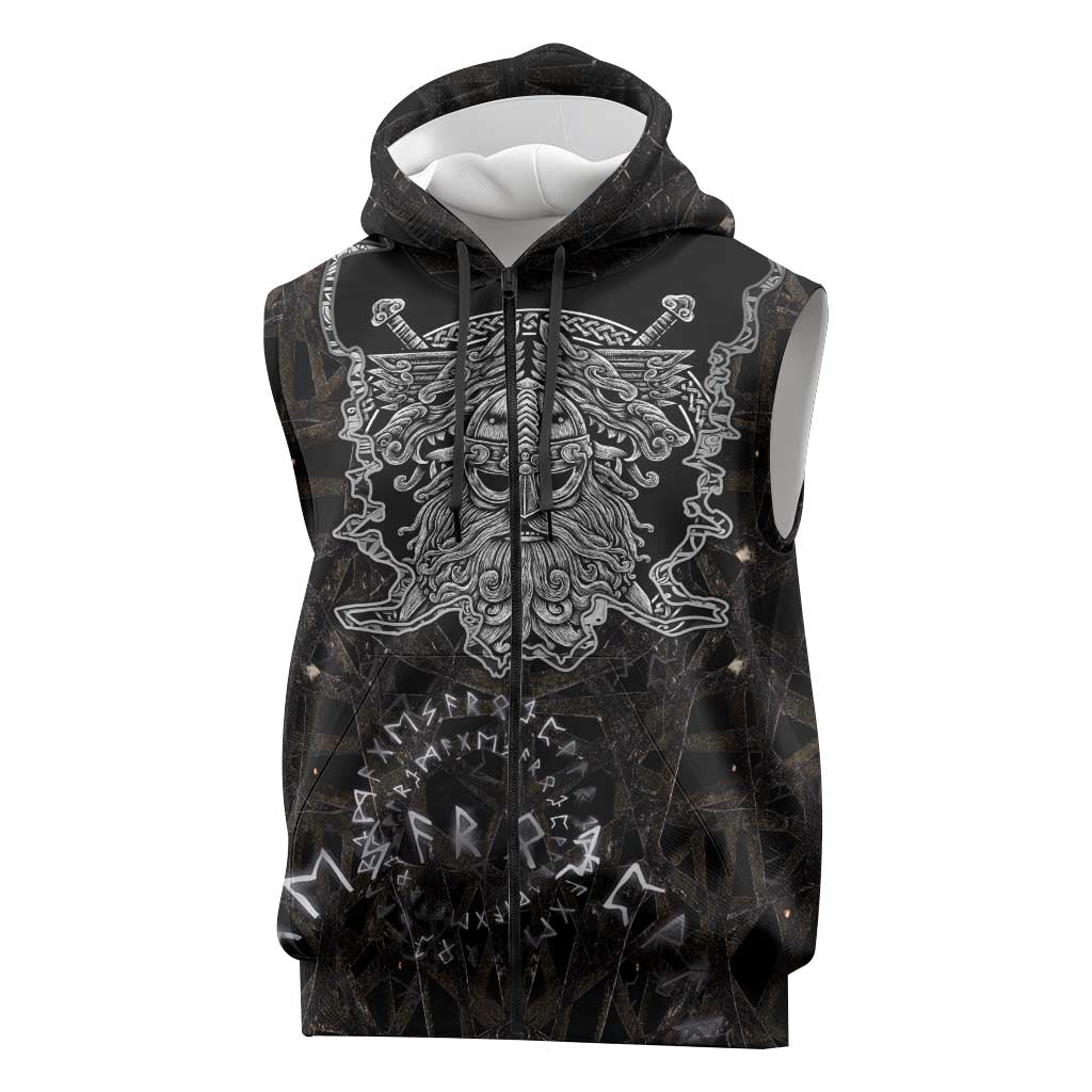 Viking Elder and Helm of Awe Norse Mythology Sleeveless Zip Hoodie Monochrome Rune Engraving Style