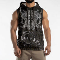 Viking Elder and Helm of Awe Norse Mythology Sleeveless Zip Hoodie Monochrome Rune Engraving Style