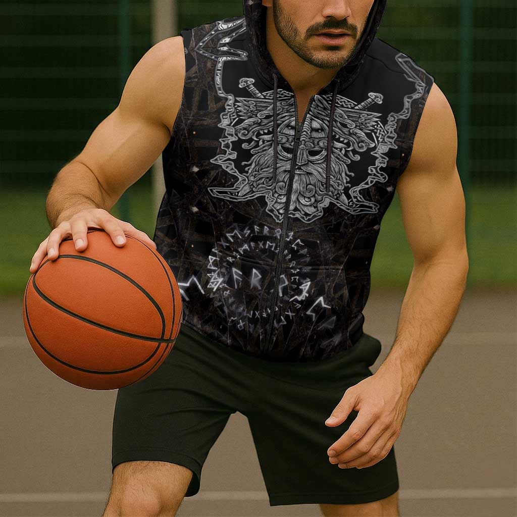 Viking Elder and Helm of Awe Norse Mythology Sleeveless Zip Hoodie Monochrome Rune Engraving Style