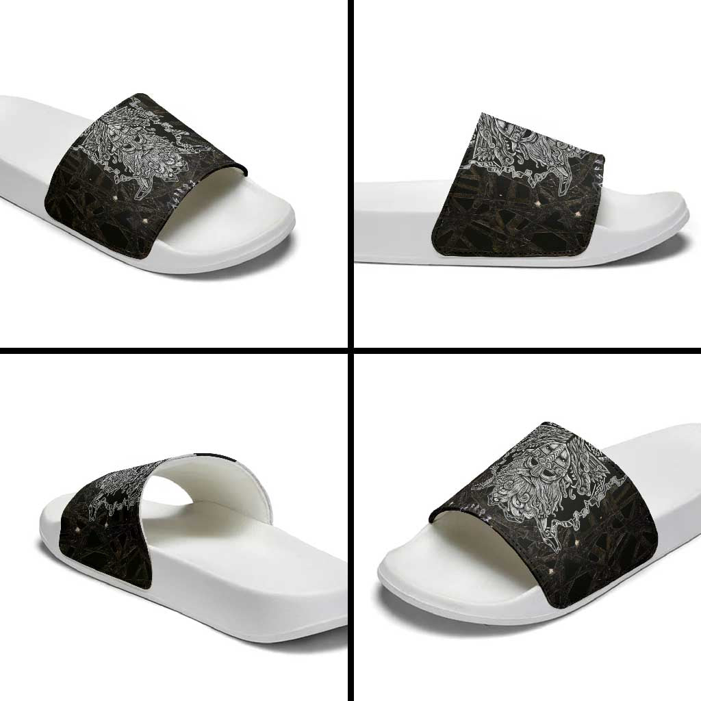 Viking Elder and Helm of Awe Norse Mythology Slide Sandals Monochrome Rune Engraving Style