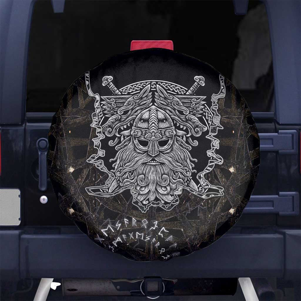 Viking Elder and Helm of Awe Norse Mythology Spare Tire Cover Monochrome Rune Engraving Style