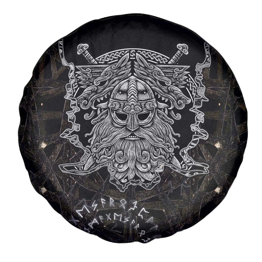 Viking Elder and Helm of Awe Norse Mythology Spare Tire Cover Monochrome Rune Engraving Style