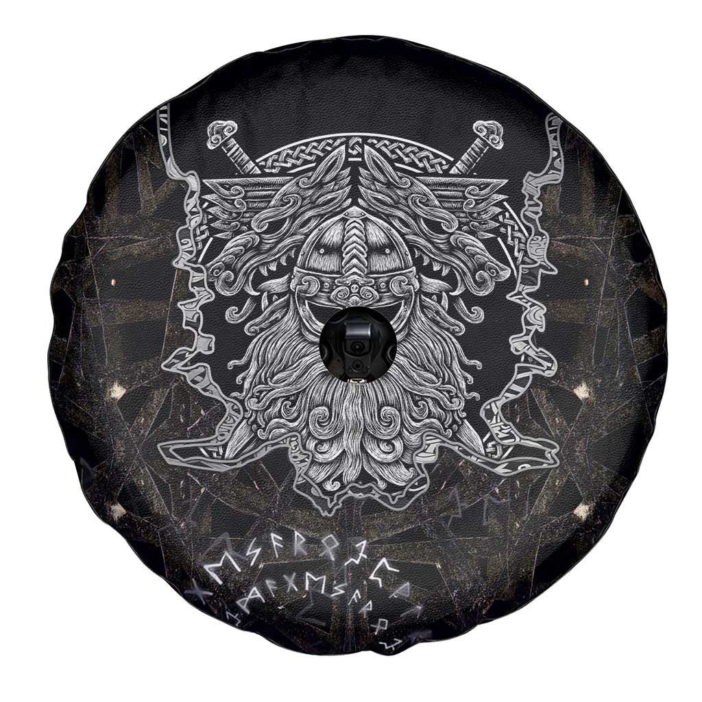 Viking Elder and Helm of Awe Norse Mythology Spare Tire Cover Monochrome Rune Engraving Style
