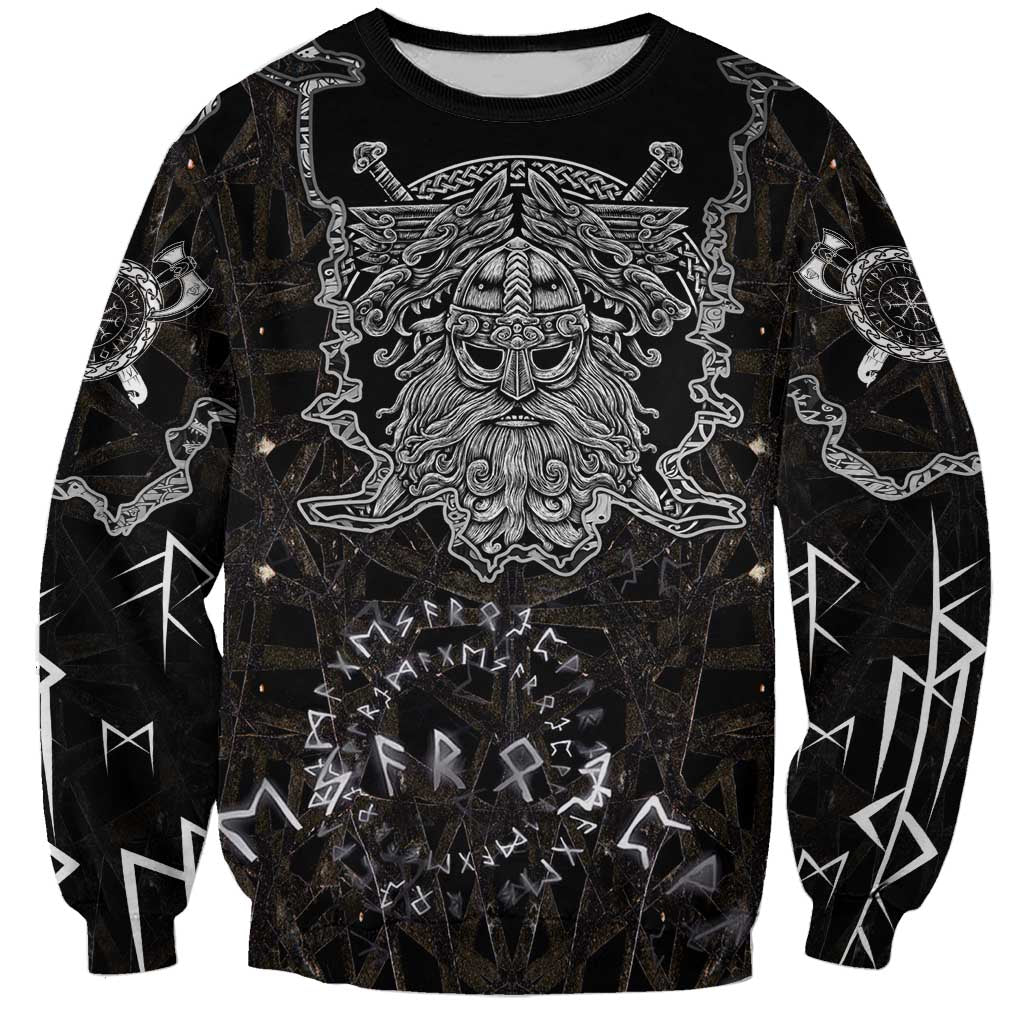 Viking Elder and Helm of Awe Norse Mythology Sweatshirt Monochrome Rune Engraving Style