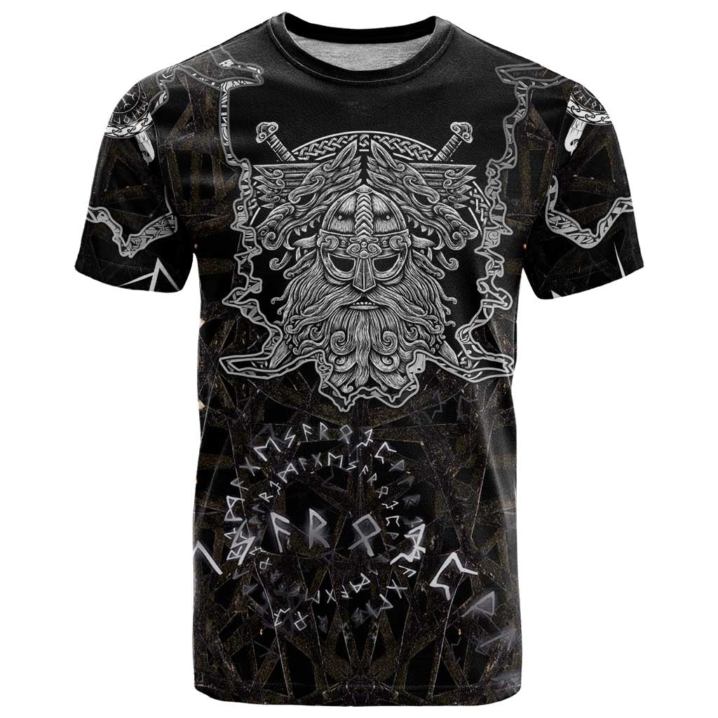 Viking Elder and Helm of Awe Norse Mythology T Shirt Monochrome Rune Engraving Style