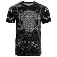 Viking Elder and Helm of Awe Norse Mythology T Shirt Monochrome Rune Engraving Style