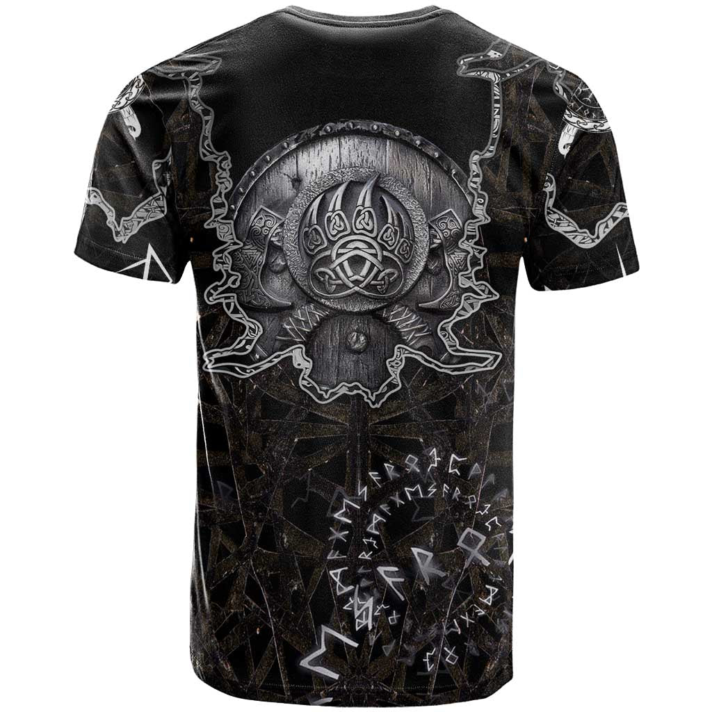Viking Elder and Helm of Awe Norse Mythology T Shirt Monochrome Rune Engraving Style