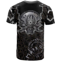 Viking Elder and Helm of Awe Norse Mythology T Shirt Monochrome Rune Engraving Style