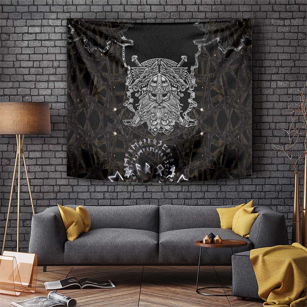 Viking Elder and Helm of Awe Norse Mythology Tapestry Monochrome Rune Engraving Style