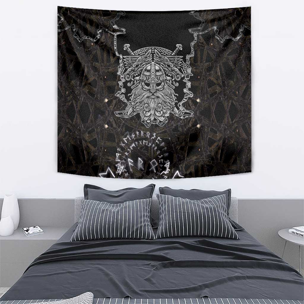 Viking Elder and Helm of Awe Norse Mythology Tapestry Monochrome Rune Engraving Style