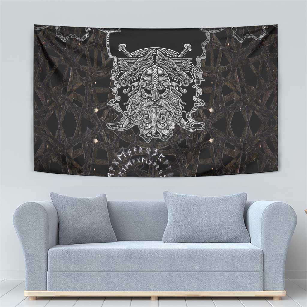 Viking Elder and Helm of Awe Norse Mythology Tapestry Monochrome Rune Engraving Style