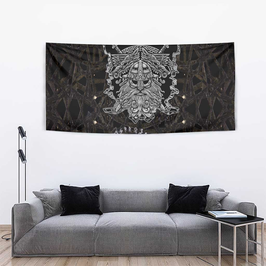 Viking Elder and Helm of Awe Norse Mythology Tapestry Monochrome Rune Engraving Style