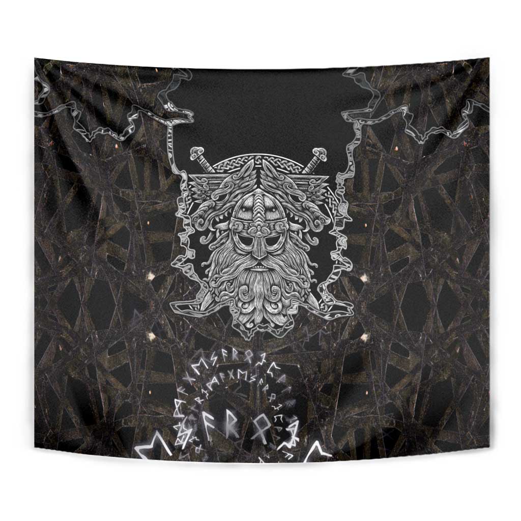 Viking Elder and Helm of Awe Norse Mythology Tapestry Monochrome Rune Engraving Style