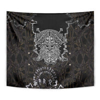 Viking Elder and Helm of Awe Norse Mythology Tapestry Monochrome Rune Engraving Style