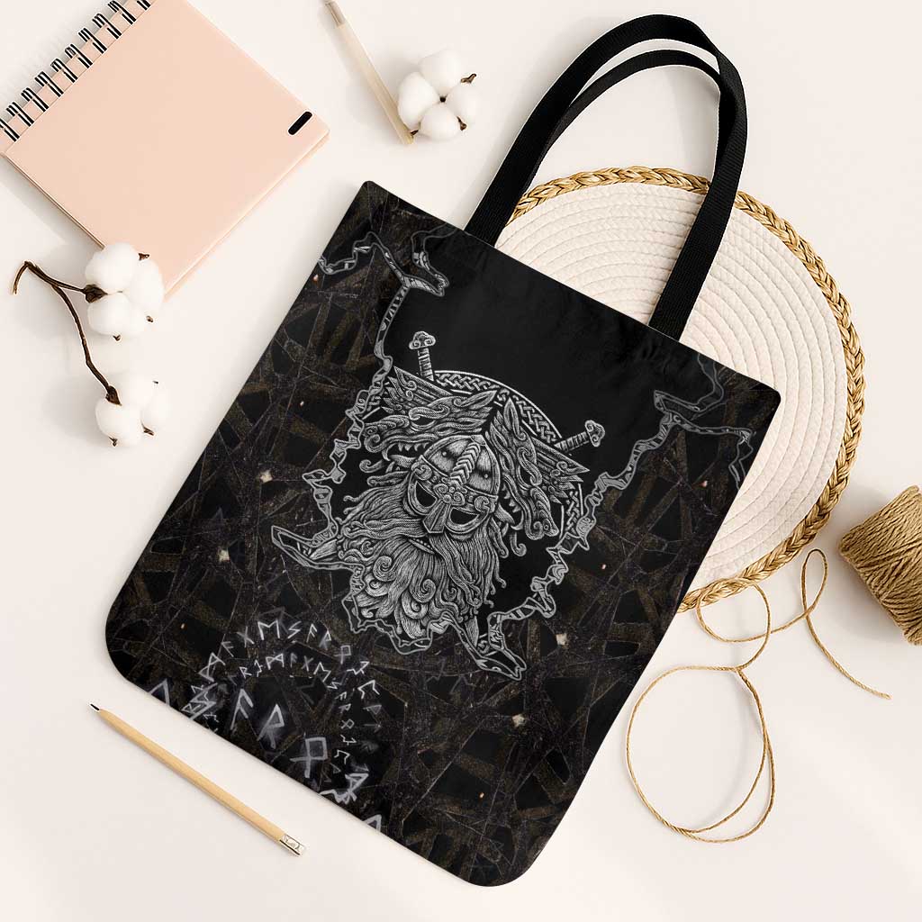 Viking Elder and Helm of Awe Norse Mythology Tote Bag Monochrome Rune Engraving Style