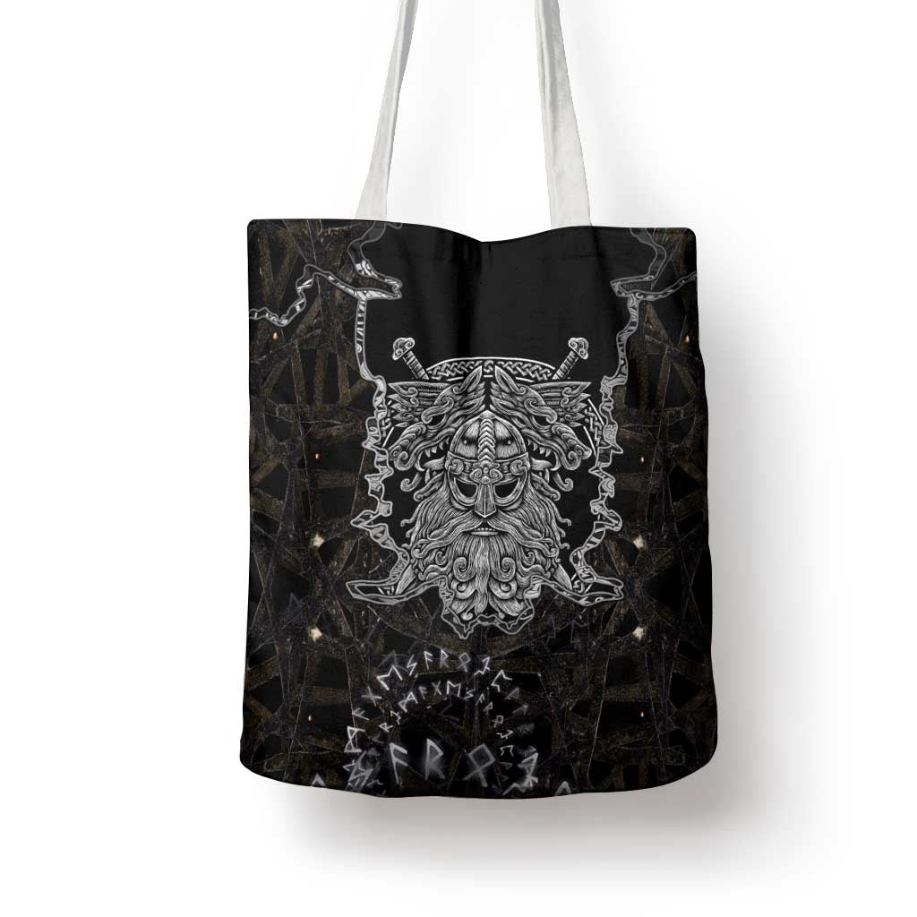 Viking Elder and Helm of Awe Norse Mythology Tote Bag Monochrome Rune Engraving Style