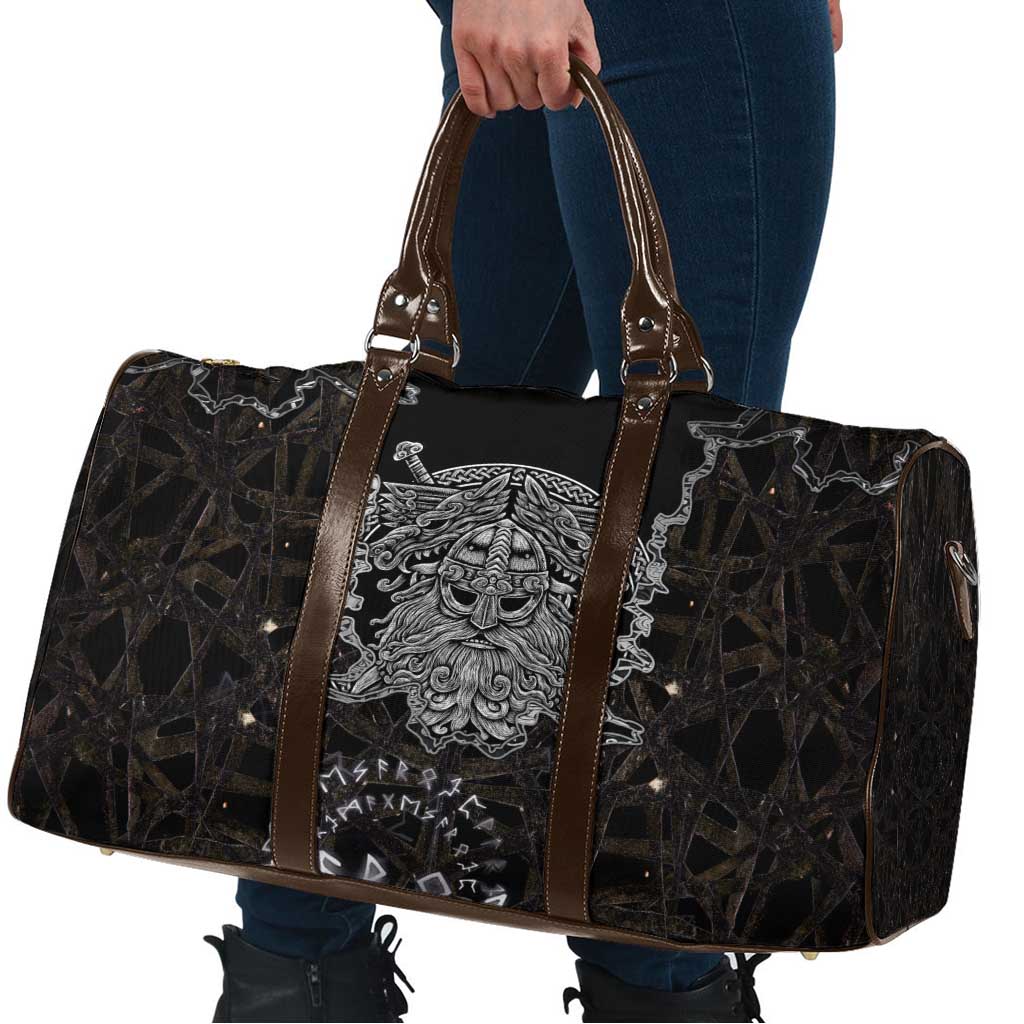 Viking Elder and Helm of Awe Norse Mythology Travel Bag Monochrome Rune Engraving Style