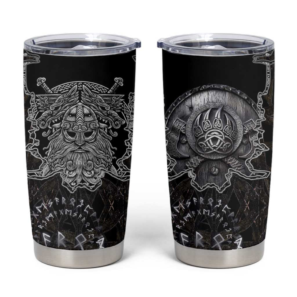 Viking Elder and Helm of Awe Norse Mythology Tumbler Cup Monochrome Rune Engraving Style