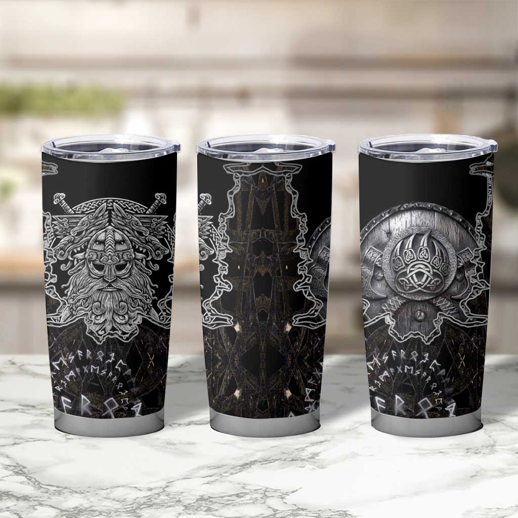 Viking Elder and Helm of Awe Norse Mythology Tumbler Cup Monochrome Rune Engraving Style