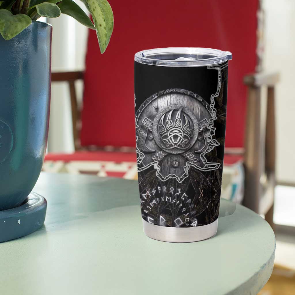 Viking Elder and Helm of Awe Norse Mythology Tumbler Cup Monochrome Rune Engraving Style