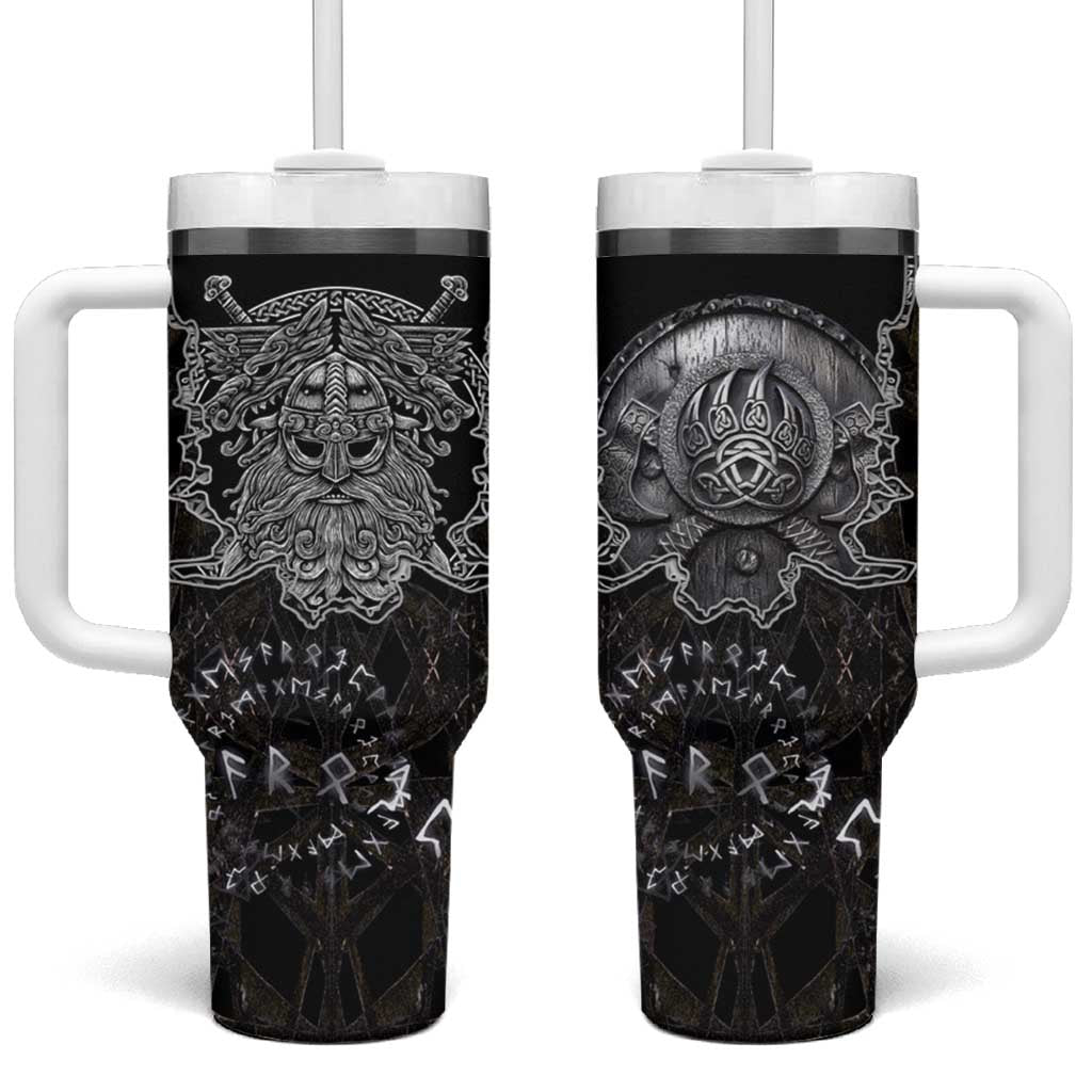 Viking Elder and Helm of Awe Norse Mythology Tumbler With Handle Monochrome Rune Engraving Style