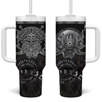 Viking Elder and Helm of Awe Norse Mythology Tumbler With Handle Monochrome Rune Engraving Style