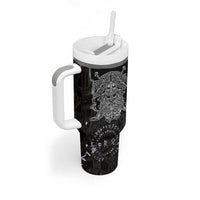 Viking Elder and Helm of Awe Norse Mythology Tumbler With Handle Monochrome Rune Engraving Style