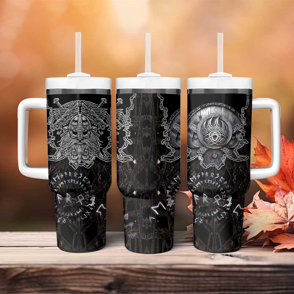 Viking Elder and Helm of Awe Norse Mythology Tumbler With Handle Monochrome Rune Engraving Style