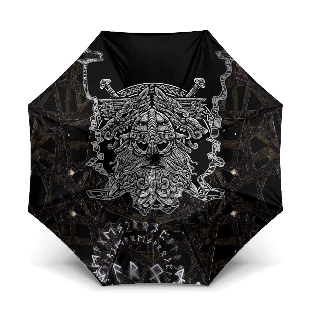 Viking Elder and Helm of Awe Norse Mythology Umbrella Monochrome Rune Engraving Style