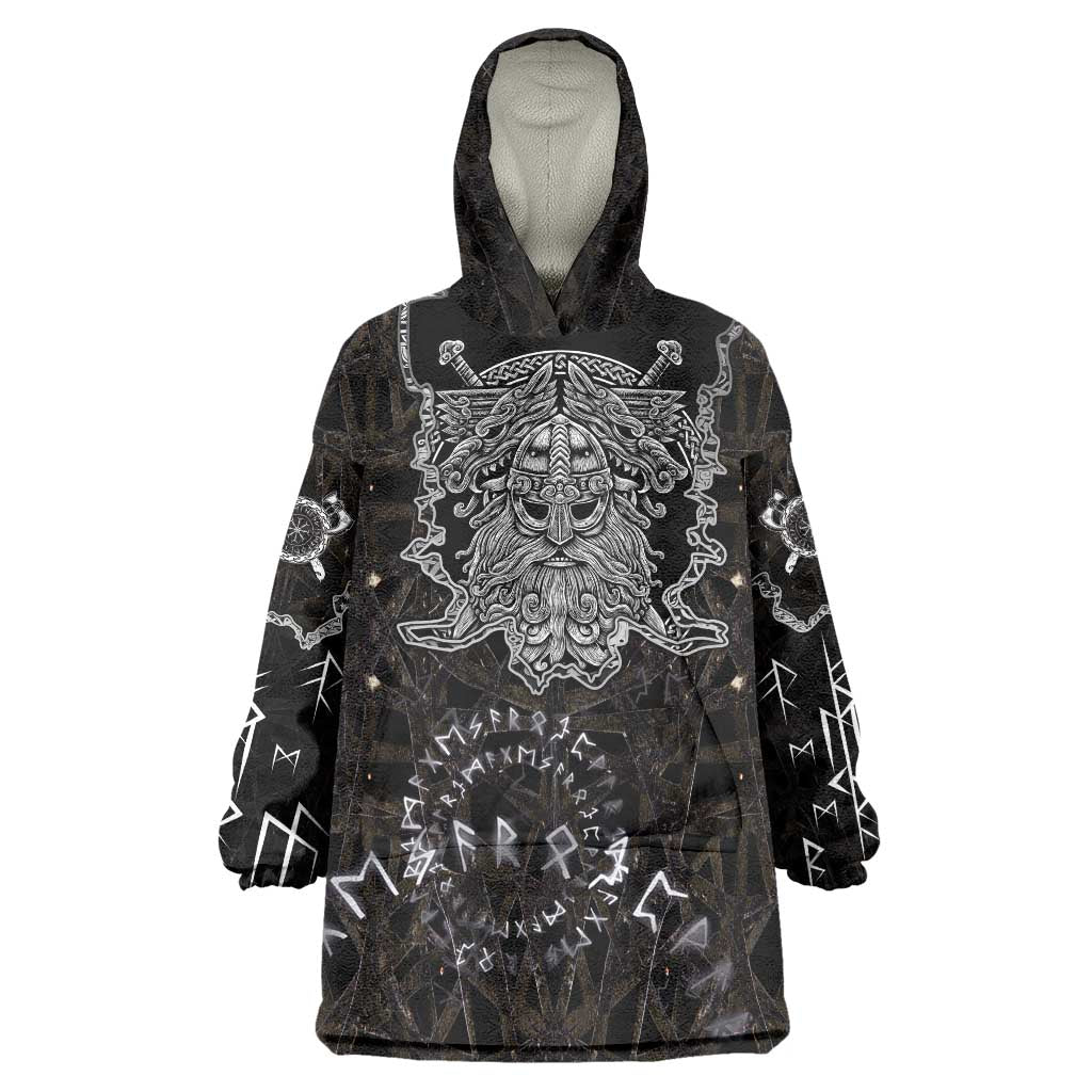 Viking Elder and Helm of Awe Norse Mythology Wearable Blanket Hoodie Monochrome Rune Engraving Style