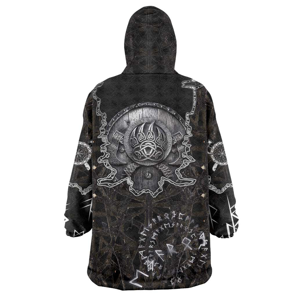 Viking Elder and Helm of Awe Norse Mythology Wearable Blanket Hoodie Monochrome Rune Engraving Style